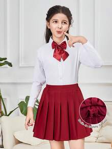 Girls' Elegant Pleated School Uniform Skirt With Built-In Safety Shorts, Knit Skirt, Basic School Uniform Skirt, Suitable For Performance, Party, Back To School, Burgundy - Burgundy - View 2