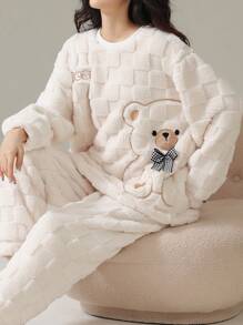 Cute Striped Wool Pajama Set - Thermal Lined Bear Pattern Warm Sleepwear Set, Soft Polyester Long Sleeve Top & Pants, Suitable For Christmas & New Year, 2-Piece Teenage Girls Home Set, Autumn/Winter