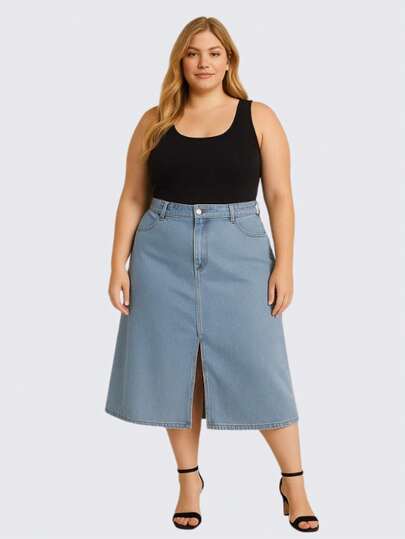 saia evasê jeans plus size cintura alta do 46 ao 60