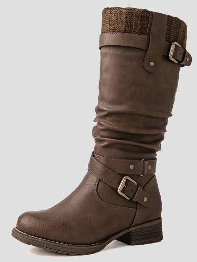 GLOBALWIN Women's Motorcycle Boots Mid Calf Boots Low Heels Fall Boots Halloween Season