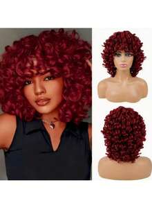 Synthetic Heat Resistant Wig Bouncy Full Curly Wig With Bangs 14 Inch BUG Chemical Fiber Wig With Bangs Daily Used Easy To Wear Beginner Friendly Big Bouncy Fluff Curly Wig - 酒紅色 - 查看 2