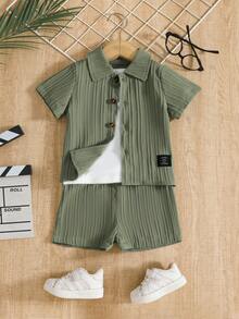 Back To School 2pcs Set For Baby Boys: Casual Striped Shirt And Sports Shorts, With Contrast Color Faux Drawstring Design - Army Green - View 2