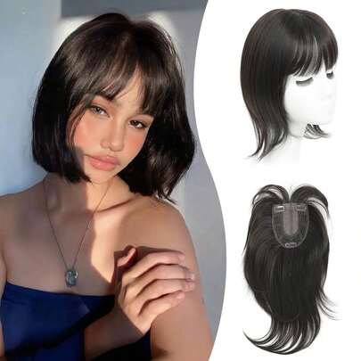 Fake Bangs Hair Toppers For Women, 4"X5" Base Topper With 360°Clip In Fringe For Hair Loss 12 Inch Synthetic Fiber Wiglets Ladies Straight Hairpieces For Daily Use Add Volume(Dark Brown)