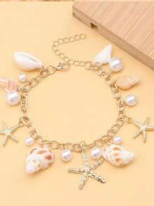 1 件女士波西米亚风格金属珍珠海星贝壳手链，海滩度假时尚配饰，金色，适合女士