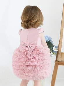 Baby Girls' Pink Cap Sleeve Bow Tie Elegant Party Tulle Cake Dress, Princess Dress Suitable For Baby's 1st Birthday Party, Wedding, Banquet, Luxury Flower Girl Dress - Pink - View 2
