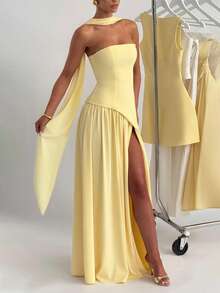 Elegante vestido de noche sexy de cóctel con escote halter, abertura y nudo delantero - Amarillo - Ver 4