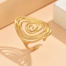 A Hollow Geometric Ring, Stainless Steel Ring, Hollow Large Ring, Threaded Ring, Oval Opening Ring, Retro Hollow Geometric Spiral Opening Ring, Creative Asymmetrical Adjustable Stainless Steel Cocktail Ring, Ladies Single Ring - Yellow Gold - View 3
