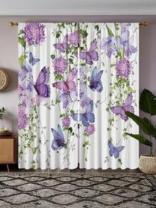 2 piezas de cortinas con estampado de mariposas moradas, paneles de cortina de lavanda floral con ojal para varilla, diseño con hojas y plantas botánicas para sala de estar y dormitorio - Multicolor - Ver 9