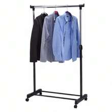 Floor Hanging Rack - Double Rods, Telescopic, Adjustable, Mobile Clothes Hanger, Clothes Rack, Clothes Holder, Reinforcement, Simple Design - Black - View 9