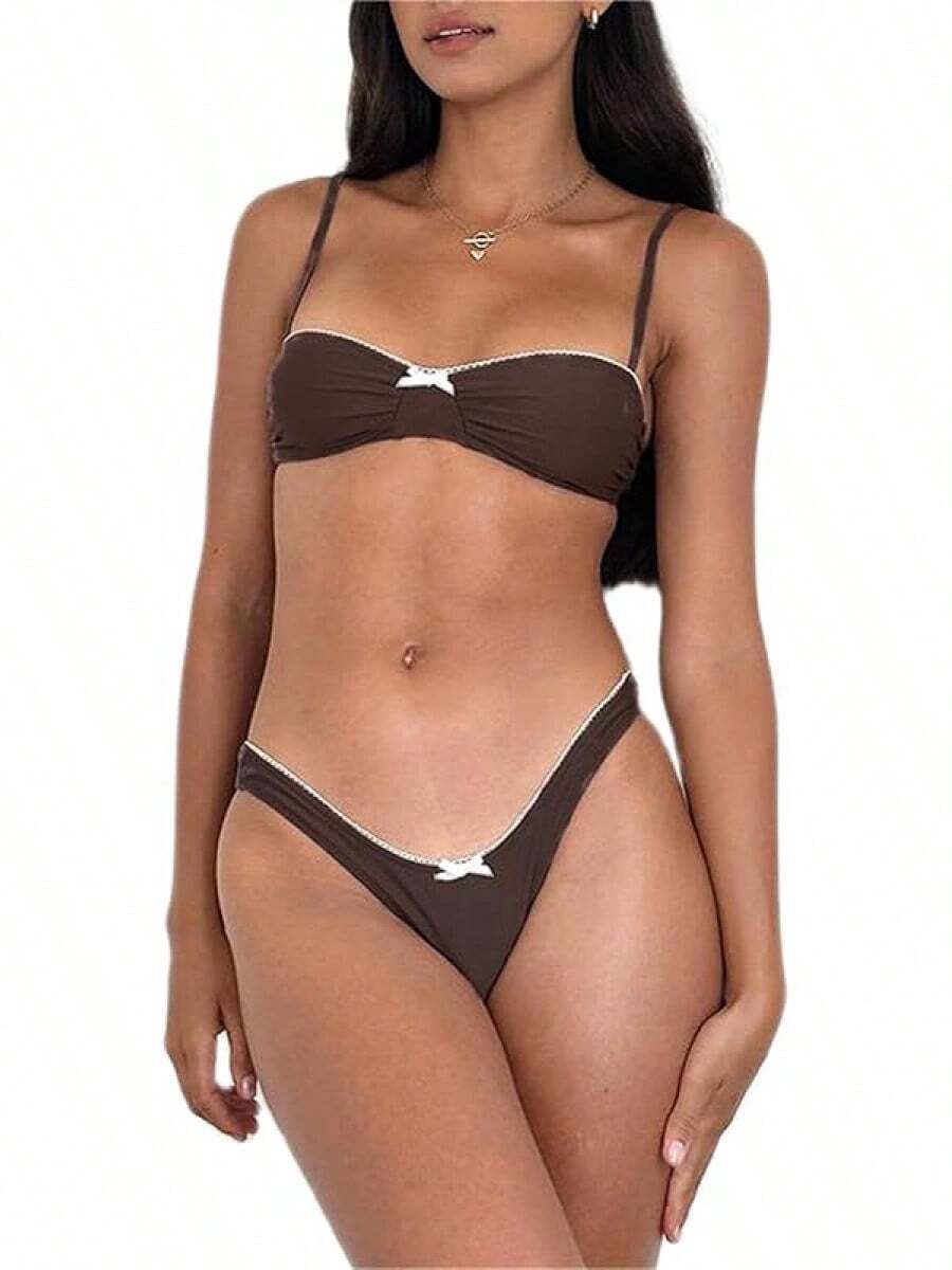 Alyweatry Women Y2K Bikinis Sets Coquette Aesthetic Bows Halter Tie Up Bikini Top High Cut Elastic Waist Bikini Bottom - 棕色鞋帶飾邊 - 查看 1
