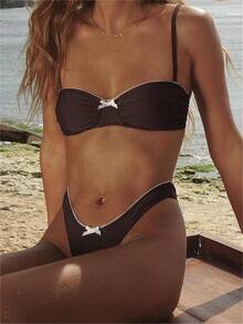 Alyweatry Women Y2K Bikinis Sets Coquette Aesthetic Bows Halter Tie Up Bikini Top High Cut Elastic Waist Bikini Bottom - 棕色鞋帶飾邊 - 查看 5