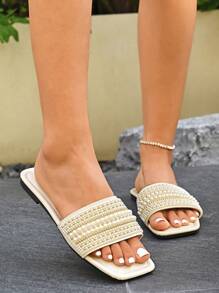 Sandalias planas de moda con decoración de perlas sintéticas para mujer