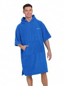 1pc Thick, Ultra-Fine Fiber, Warm, Absorbent & Soft Solid Color Embroidered Hooded Robe, Suitable For Home, Swimming, Fitness, Travel, Beaches, Surfing Back To School - Blue - View 3