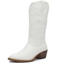 GLOBALWIN Women's Mid Calf Western Cowboy Boots Cowgirl Boots For Women With Floral Embroidery Side Zipper Chunky Heel Fall Boots Halloween Season - 白色 - 查看 4