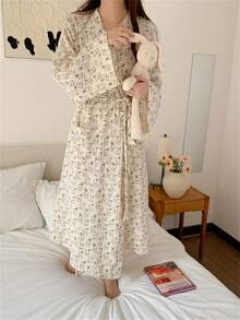 1pc Cute Rabbit Cartoon Japanese Style Robe, Lovely Bathrobe Pajama Dress, Long Sleeve Sleepwear For Women, Spring/Autumn/Winter - Multicolor - View 10