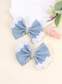 2pcs Denim Hair Bows For Women Girls Solid Color Denim Bow Alligator Clips With Pearl Flower Elegant Vacation Bow Hair Clips Casual Bow Barrettes Women Hair Accessories ,Flat Claw Clip