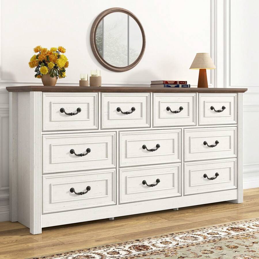 Farmhouse 10 Drawer Dresser For Bedroom, 63" Wood Chest Of Drawers With Rustic Handles, Wide Closet Dressers Organizer, Living Room, Hallway, Bedroom Furniture - White-10 Drawers - 查看 1