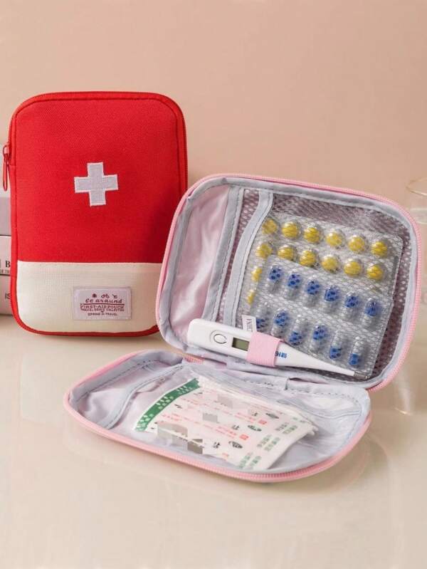 1pc Portable Medicine Bag, Cute Mini First Aid Kit, Medical Emergency Kits, Organizer Outdoor Household Medicine Pill Storage Bag, Empty First Aid Kit, Mini Portable Medical Kit First Aid Bag, Outdoor Camping Family Survival First Aid Kit, Cross Pattern First Aid Kit, Suitable For Car Bike Marathon Running Outdoor Camping Hiking Emergency