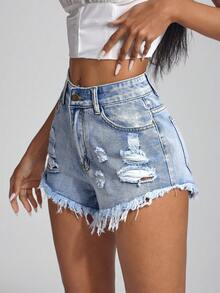 Jeanoix 女士休闲破洞磨边口袋牛仔短裤，百搭 - 淺色水洗藍 - 查看 3