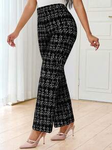 SHEIN Lady 夏季优雅女式格子印花弹力针织裤，适合各种场合，适合暑假、优雅旅行和日常通勤工作/办公室商务休闲女工作服女办公室服装女工作裤商务休闲商务女装职业女装 - 黑與白 - 查看 3