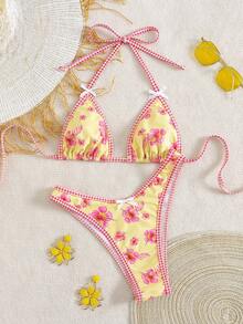 女士格子碎花吊带比基尼套装，乡村风格子碎花拼接吊带露背泳衣，饰有蝴蝶结，休闲沙滩度假女士泳装，透气弹力面料，适合海滩、音乐节、狂欢节、情人节等场合，女士沙滩装，夏季女士比基尼沙滩装，女士泳衣，夏季度假装 - 彩色 - 查看 3