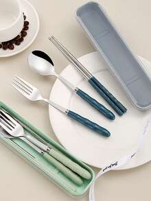 3 件套不锈钢便携式餐具套装，不锈钢餐具套装，可重复使用餐具，适合野餐露营家庭旅行工作户外，适用于厨房、餐厅、学生、旅行、露营、办公室、节日礼物