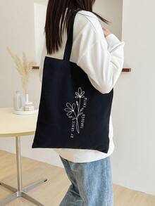 Floral Print Casual Versatile Daily Canvas Tote Bag - Black - View 4