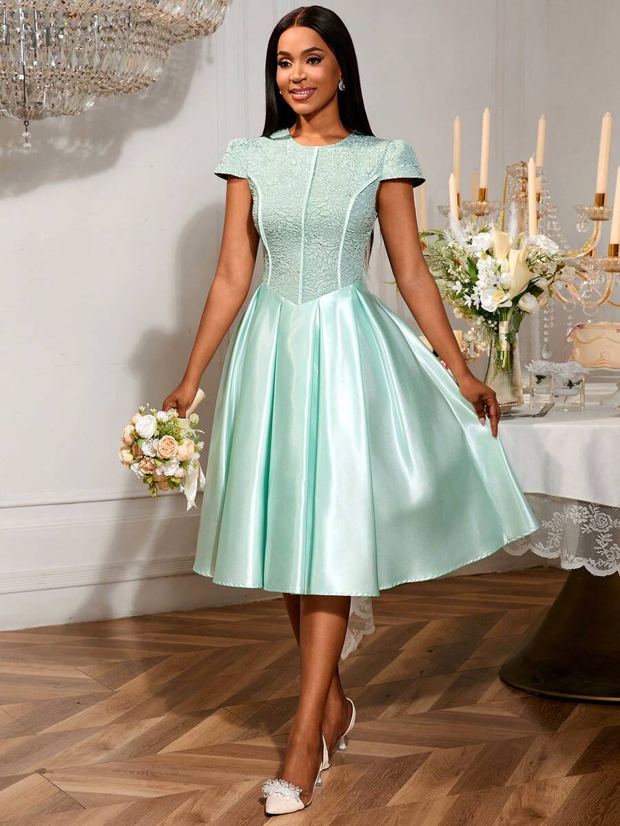 Brautjungfernkleid mit rundem Ausschnitt und Rosen-Jacquard-Muster, elegantes Partykleid mit Schleifen an den Trägern, Outfit für Date, Party, Hochzeit, Brautjungfer, Abschlussball, Hochzeitsgast Herbstmode, Schulanfang - Grün - Übersicht 1