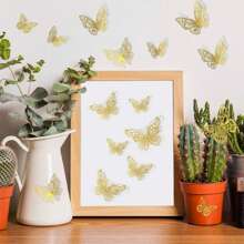 12 Stücke/Packung, 3D Schmetterling Wanddekoration, 3 verschiedene Größen, goldfarbene Schmetterling Wandaufkleber, geeignet für Geburtstag, Party, Torte, Hochzeit, Wohnzimmer, Schlafzimmer Wanddekoration, abnehmbare Wandaufkleber