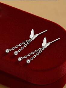 1 Pair S925 Sterling Silver Minimalist Sweet Butterfly Tassel Stud Earrings, Unique Design Gift, Versatile For Everyday Wear