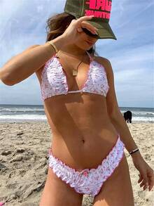 Alyweatry Women Y2K Bikinis Sets Coquette Aesthetic Bows Halter Tie Up Bikini Top High Cut Elastic Waist Bikini Bottom - 嬌媚粉紅花卉 - 查看 3