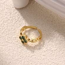 1pc 18K Plated Stainless Steel Colorful Zirconia Four-Leaf Clover Open Ring, Fashionable & Suitable For Party, Date, Office Wear