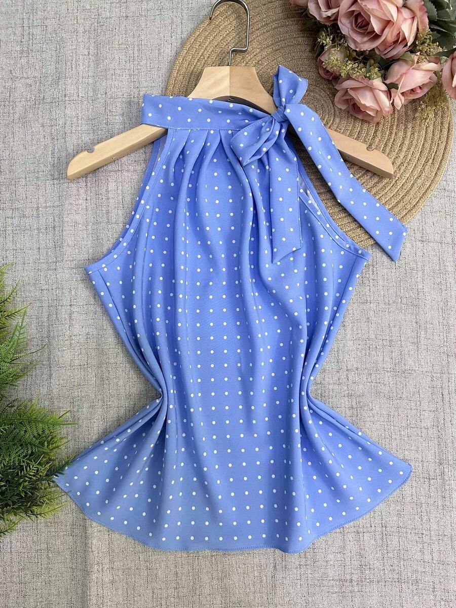 Polka Dot Tie Tank Top - Baby Blue - View 1