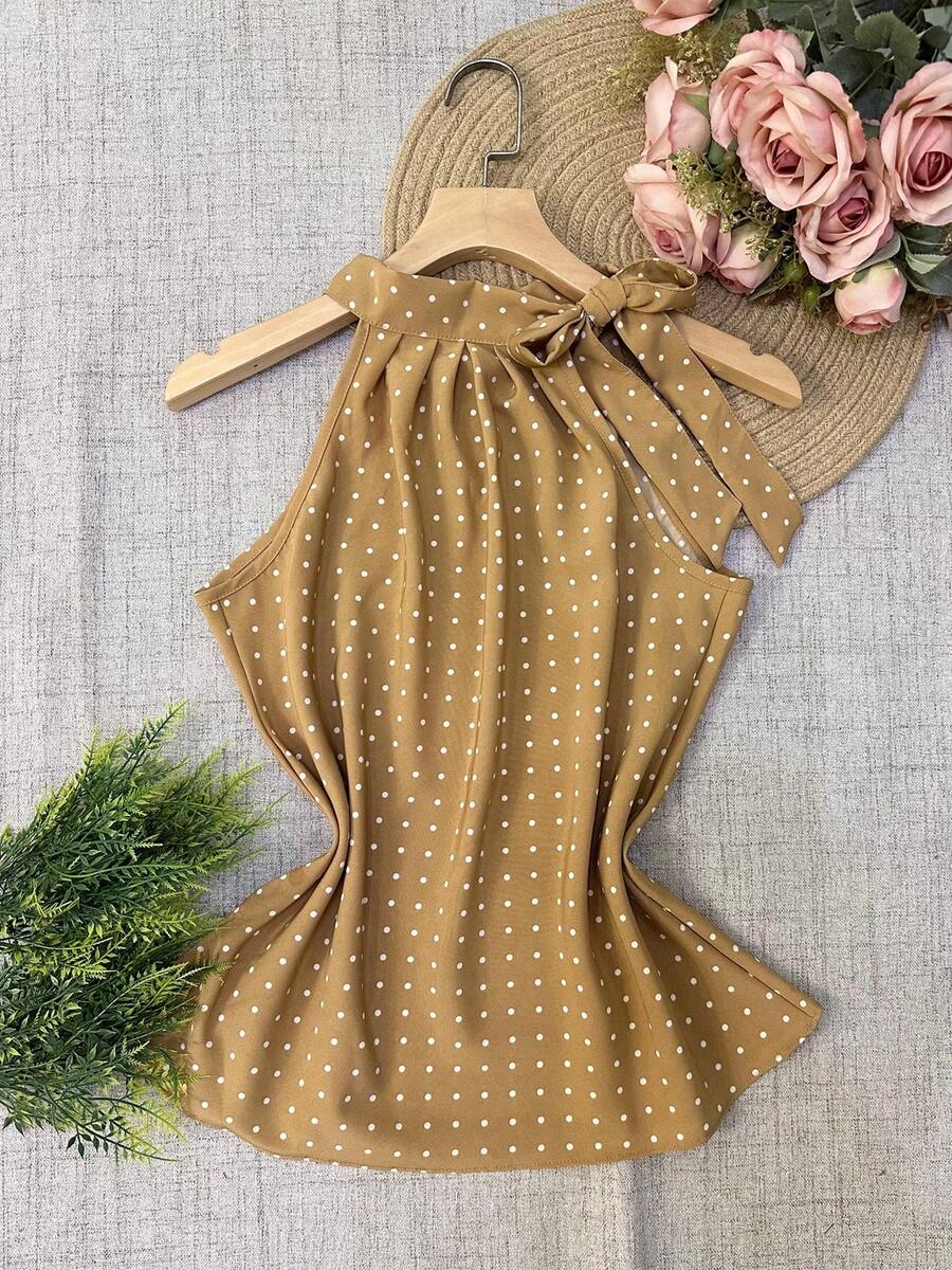 Polka Dot Tie Tank Top - Màu Khaki - Xem 1