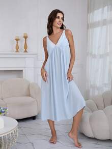 Women Summer Sleeveless Camisole Nightdress Backless Thin Dress, Can Be Worn Outerwear - Blue - View 6