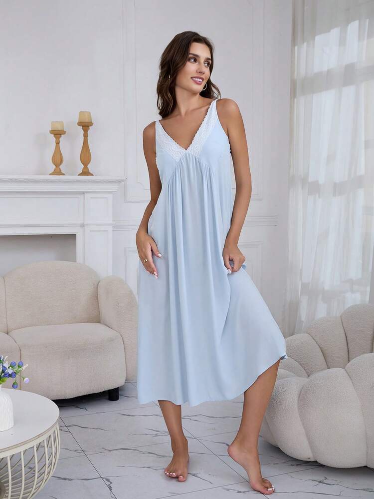 女士夏季无袖吊带睡裙露背薄款连衣裙，可外穿 - 藍色 - 查看 6