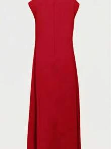 女士休闲通勤纯色前扣长连衣裙，夏季优雅 - 紅色 - 查看 2