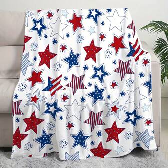 1pc-Patriotic Star Print Fleece Throw Blanket - Machine Washable, All-Season Cozy Knitted Polyester, Red, White, And Blue American Flag Design For Home And Office Decor, Allseason Blanket|Patriotic Decor|Soft Flannel Fabric