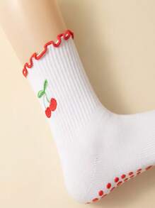 1 Paar Yoga Socken, Damen Mittellange Socken, rutschfest mit Klebstoff, Stickerei mit Spitze, Kirsche Stickerei, Training, Laufen, Pilates