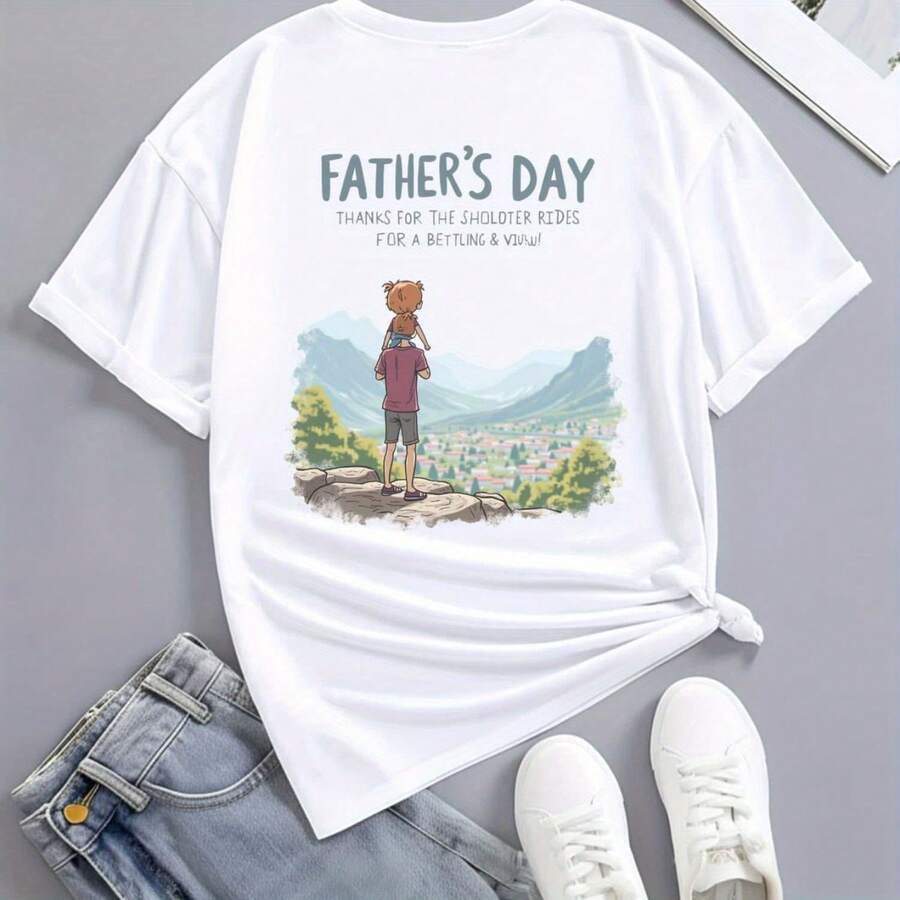 Father And Child Shoulder Ride View All Sean 220g Cotton Single Sided Printed Crew Neck Short Sve T Shirt220g Linen Blend, Turquoise Green Background Printed With Mountains, Improved Straight Cut With Wide Waist. The Cuffs Are Lined With Abion-Resistant Suede, And The Back Is Wrinkled To Ence Working Convenience. The Dress Was Drated With A Chinese Poem By Wang Wei, "After The New Rain On The Empty Mountain", Accompanied By Bamboo Tea And Dry Landscape Ornats. "For Uncles Who Retire To The Countryside, Taoyuan Is In The Hs Of The Clouds" - White - View 1