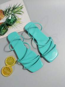 Sandalias planas casuales de color caramelo para mujer, nuevas sandalias con tira simple de verano, zapatos de moda todo a juego para vacaciones y playa - Azul Cadete - Ver 7