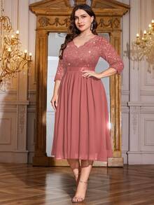Plus V Neck Sequin Floral Lace 3/4 Sleeve Ruffle Chiffon Hem Formal Evening Party Dress, Elegant Wedding Guest Gown,For Graduation,Dinner,Homecoming - 藕粉色 - 查看 6