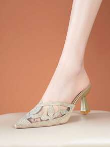 Women's Mesh Rhinestone Decor Slide Slipper, Elegant & Delicate Summer New Fashion Pointed Toe Breathable Versatile Stiletto Sandals