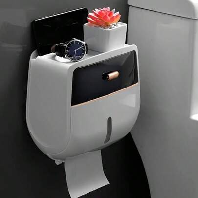 TAIMASI Wall Mount Toilet Roll Paper Holder, Double Layer Large Capacity Storage Box, Wall Mounted Waterproof Tissue Box (Black-White) Back To School