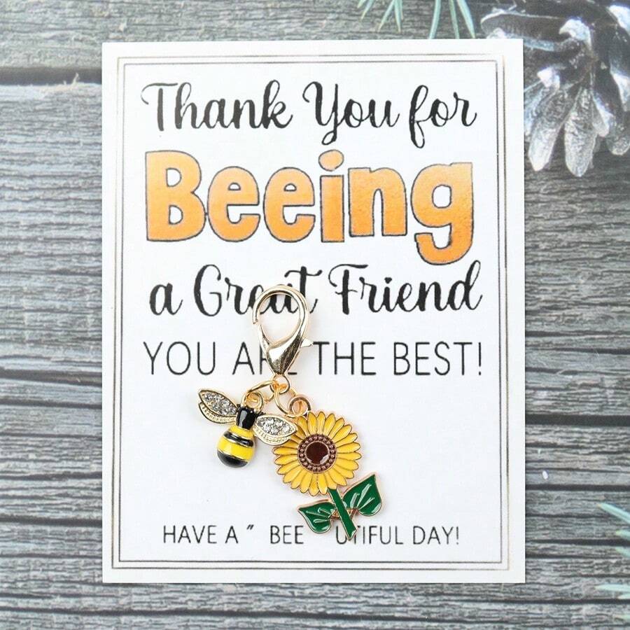 可爱迷你蜜蜂和向日葵钥匙扣口袋拥抱卡，附有感谢卡 - 金属材质，适合蜜蜂的最佳朋友礼物 - 美丽节、父亲节、毕业典礼、生日、情人节、圣诞节 - 鼓舞人心的鼓励信物，蜜蜂礼物，欢快的设计，精致的魅力工艺，汽车配件包魅力学校 - 彩色 - 查看 1