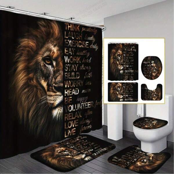 1/3/4 Pcs Powerful Lion Bathroom Curtain Set, Golden African Wildlife Masculine Stylish Bathroom Set With Shower Curtain And Rug, Motivational Quote Shower Curtain, With Bath Mat Set And 12 Hooks, Bathroom Home Decor Curtain, Suitable For Bathroom And Room Decoration, Ideal Holiday Gift Bathroom Accessories Back To School Bathroom Decor