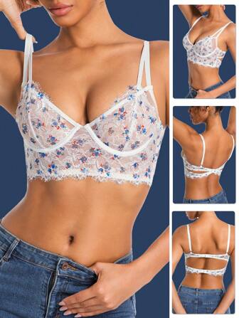 Holiday Season Ultrathin Bra Bridal Lingerie Sexy Backless Bra Top Beautiful Back Lace Bralette Eyelash Lace Bra Women Thin Underwire Push Up Bralette French Soft Mesh Top Underwear Wedding White Bra Flower Print Lace Lingerie