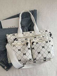 Túi đeo vai đơn giản nhiều ngăn màu trơn vải nhung kẻ Hobo Tote dành cho nữ, Túi đeo chéo thường ngày có sức chứa lớn, Túi đeo vai Satchel dùng cho du lịch ngoài trời, Túi mua sắm Satchel cổ điển Túi đựng máy tính đại học - Màu be - Xem 7