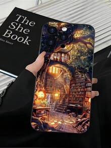 1pc Book Shelf With Tree Printed 2D Pattern, Creative, Fashionable, Cartoon Cute Bookshelf Tree Style Gift For Elders, Friends, Family, Couples, Birthday, Holiday, Soft Matte Dustproof Waterproof Full Cover Protective Case Compatible With IPhone 16/15/14/13/12/11/Pro/ProMax/X/XR/XS/XSMAX/7/8/PLUS And Models - Black - View 5