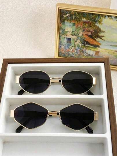 2 piezas Gafas de moda con marco metálico en forma de óvalo y diamante, diseño de moda para hombres y mujeres, adecuadas para uso diario, viajes y playa